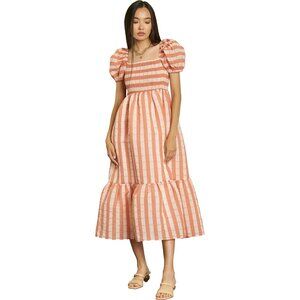 dRA Los Angeles NWT Sz S‎ Peach Stripe Smocked Organza Midi Dress Puff Sleeve